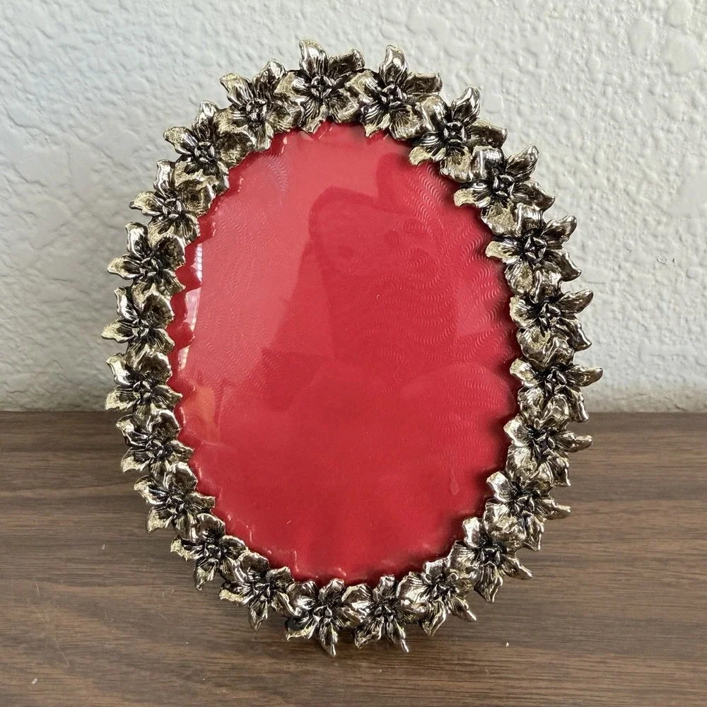 Vintage Ornate Oval Picture Frame Silver Tone Metal Floral Hibiscus Back Velvet